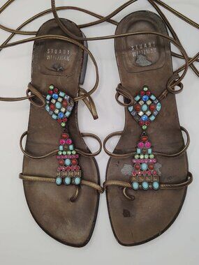 Stuart Weitzman Crystal & Stone Embellished Gladiator Sandal Dark Bronze S 8 1/2